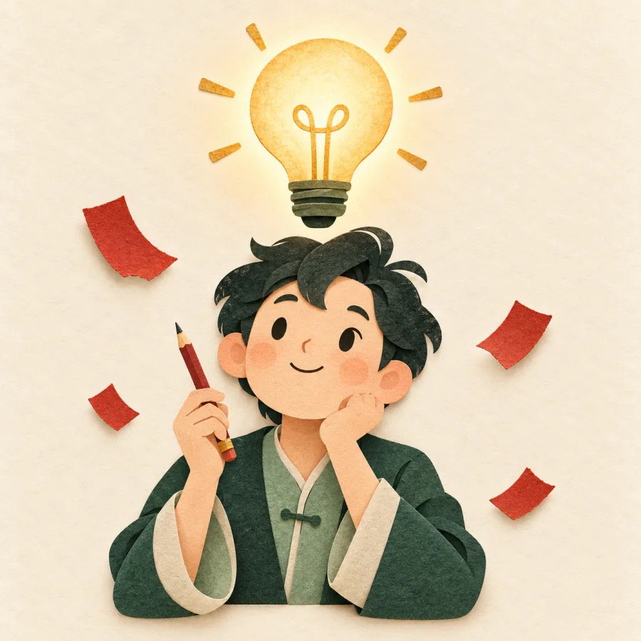 A person with a glowing lightbulb overhead holds a pencil