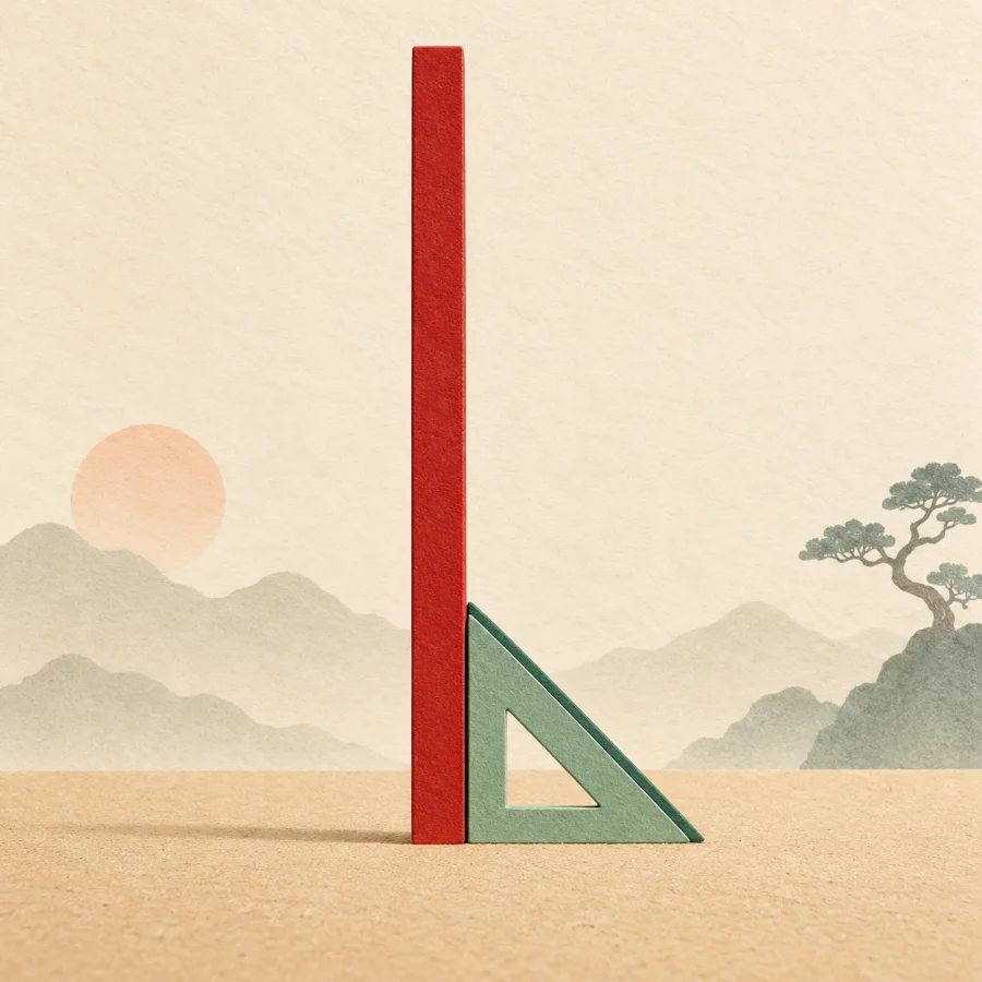 A straight red pole stands at a right angle to the ground
