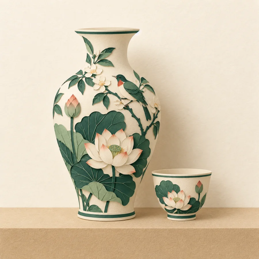 A cream porcelain vase and teacup on a shelf