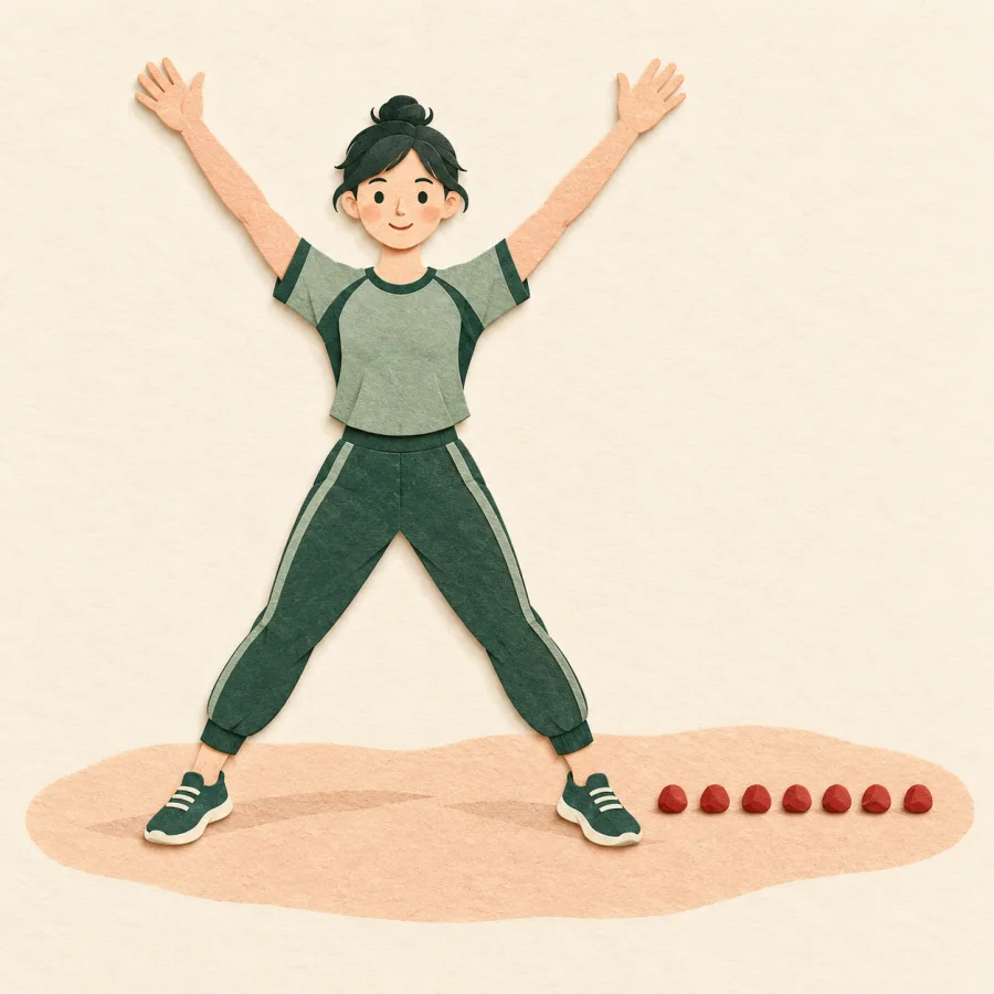 A person jumps, with a row of pebbles for each jump