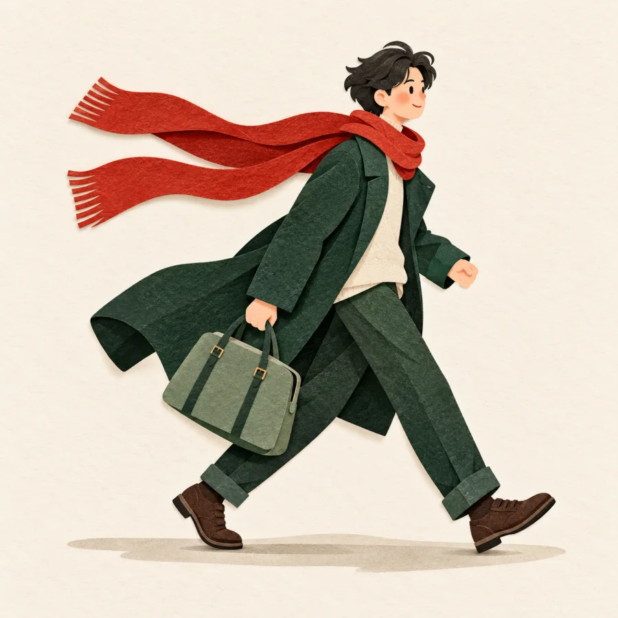 A person walks fast with a scarf streaming behind