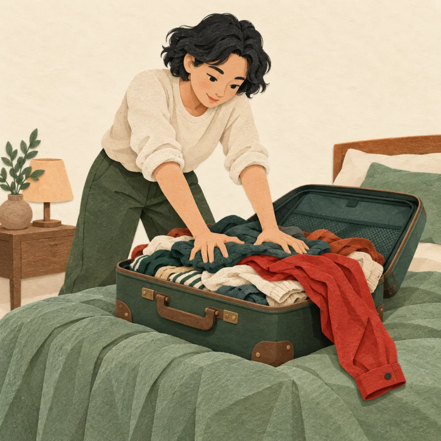 A person stuffs clothes into an open suitcase