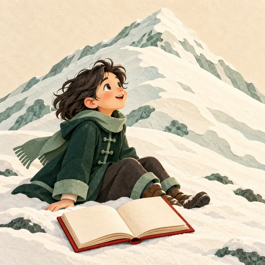 A person gazes in wonder at a snowy hill
