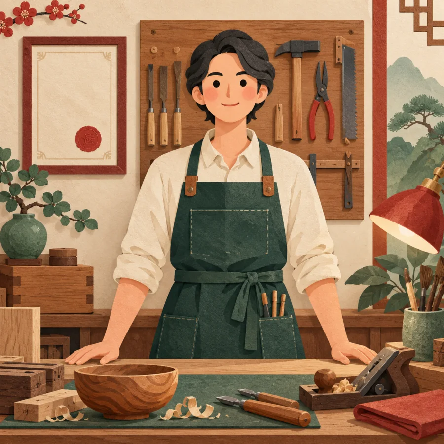 A person in an apron stands at a workbench with tools