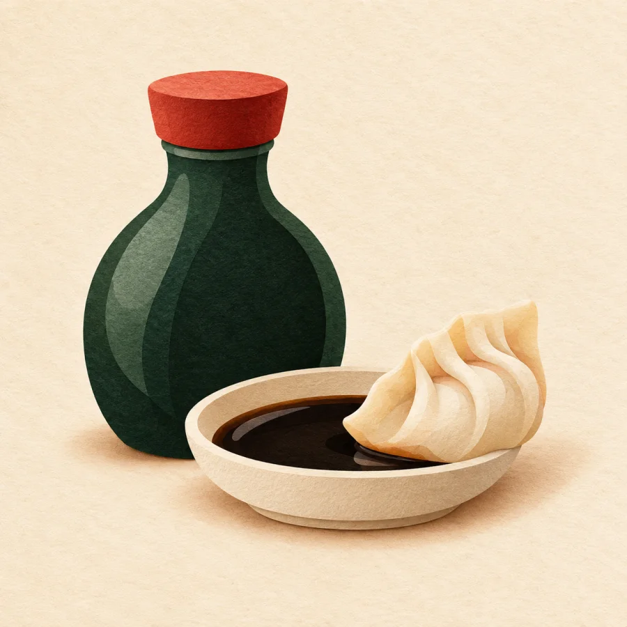 A green vinegar bottle beside a dish with a dumpling