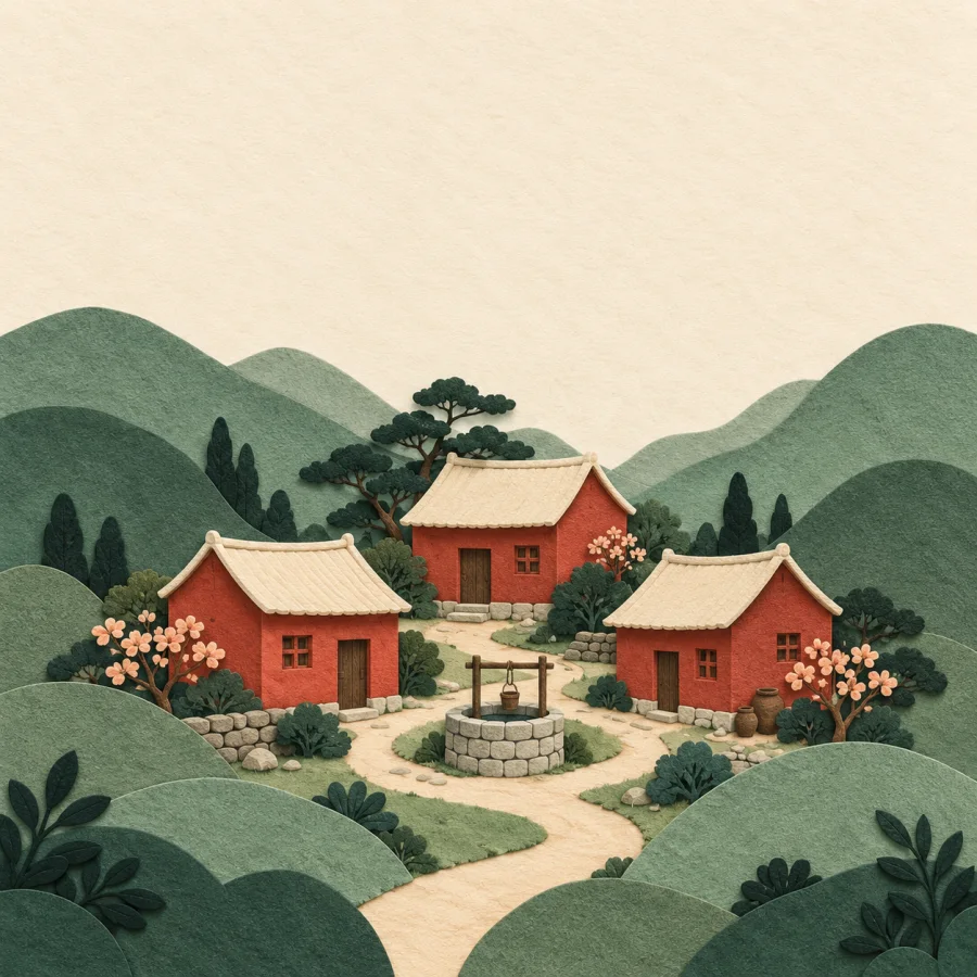 A small village with a well among green hills