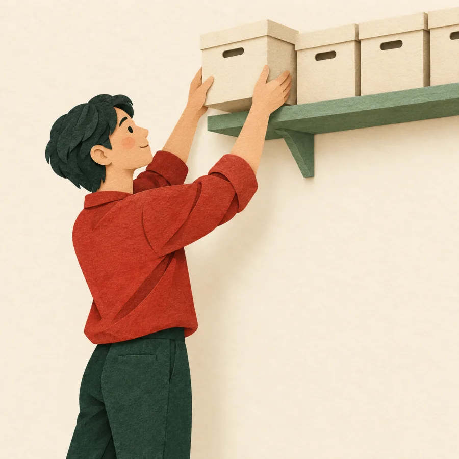 A person puts a box on a shelf of identical boxes