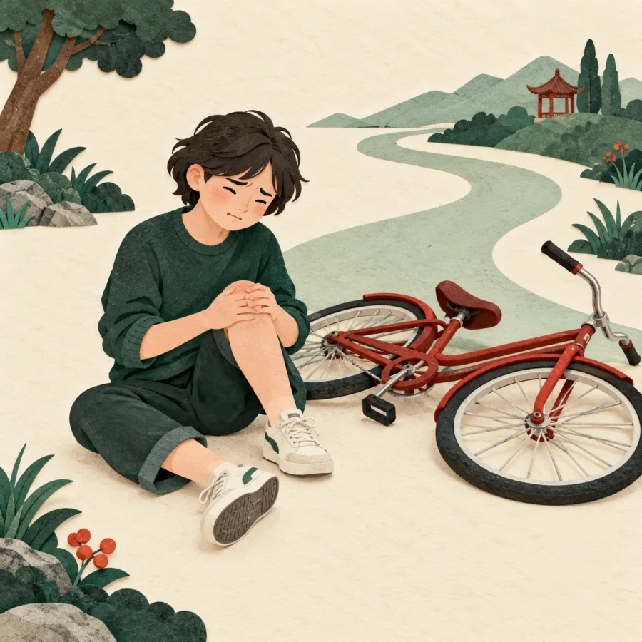 A person sits beside a fallen red bicycle