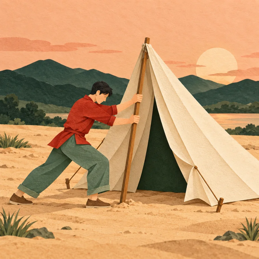 A person pitches a tent on sandy ground
