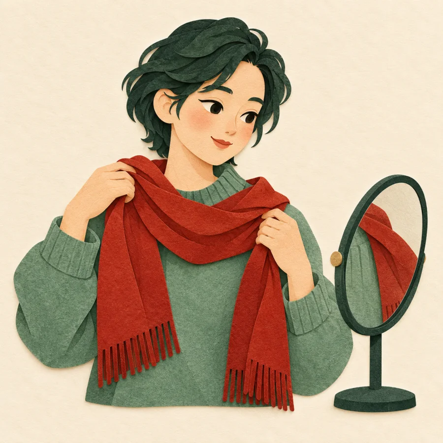 A person holds a red scarf against a green sweater