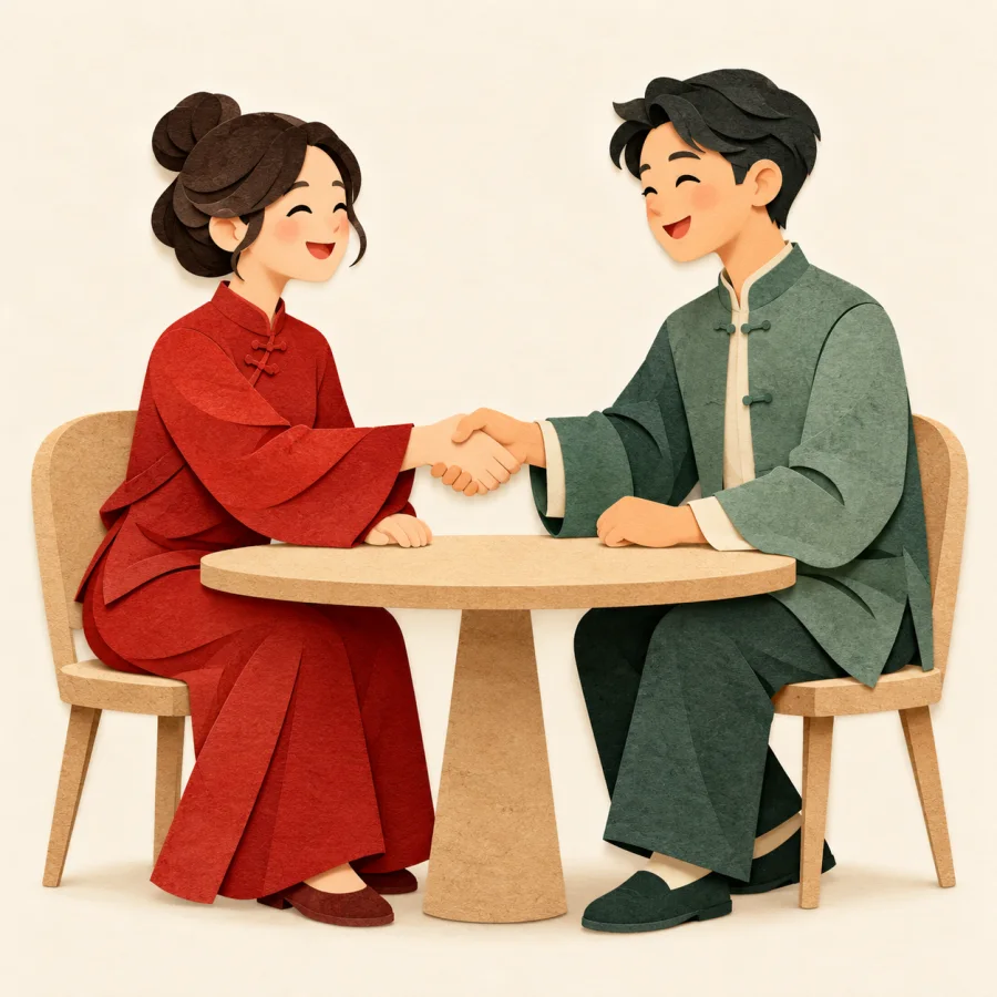 Two people shake hands over a table
