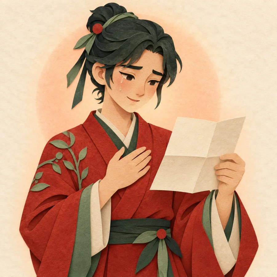 A person reads a letter with a hand on the chest