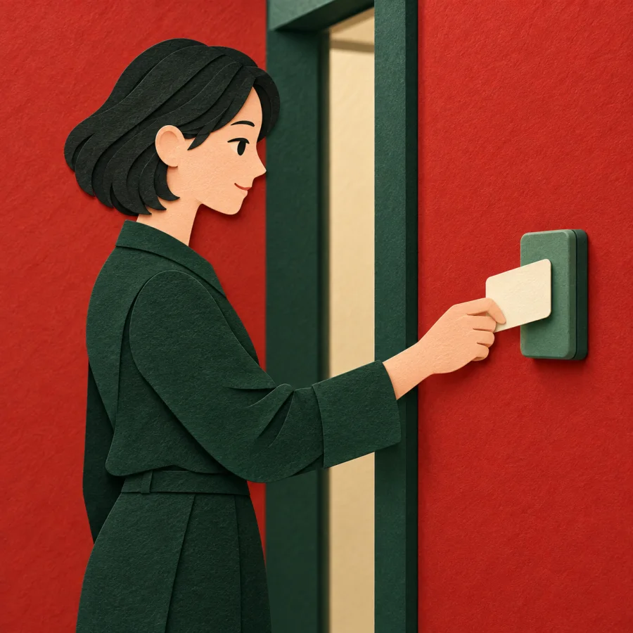 A person holds a card against a wall reader