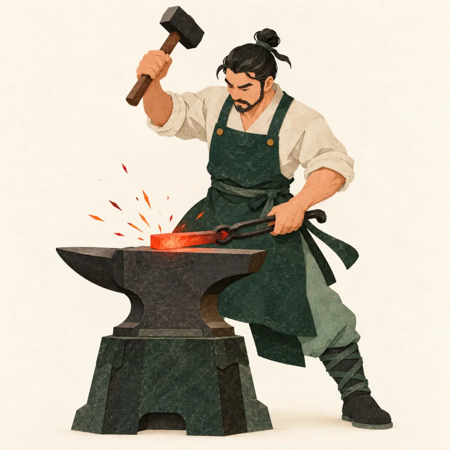 A blacksmith in a green apron hammers glowing iron