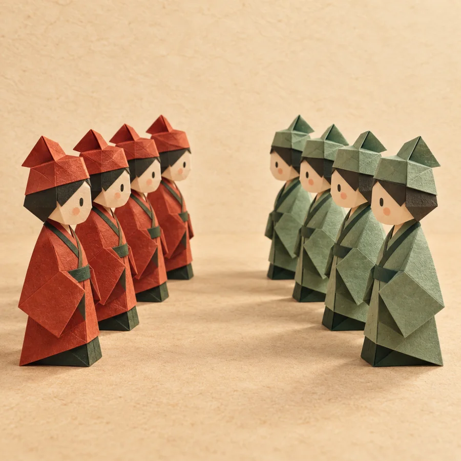 Red and green paper toy soldiers face each other