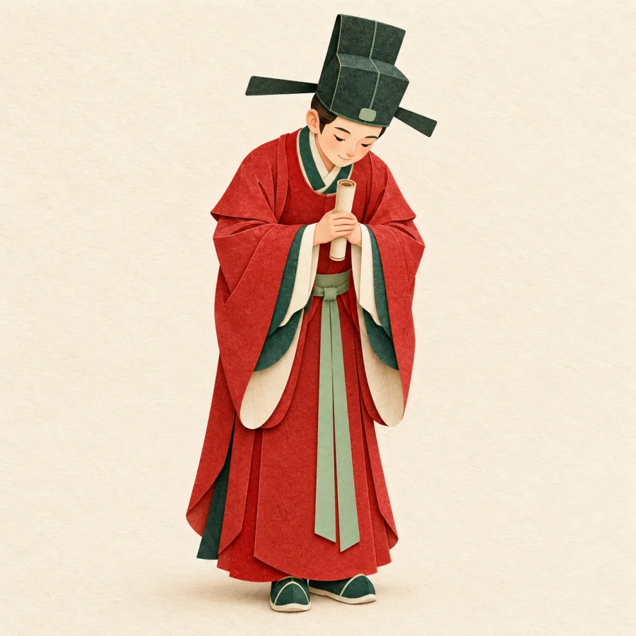 An official in a red robe bows holding a scroll