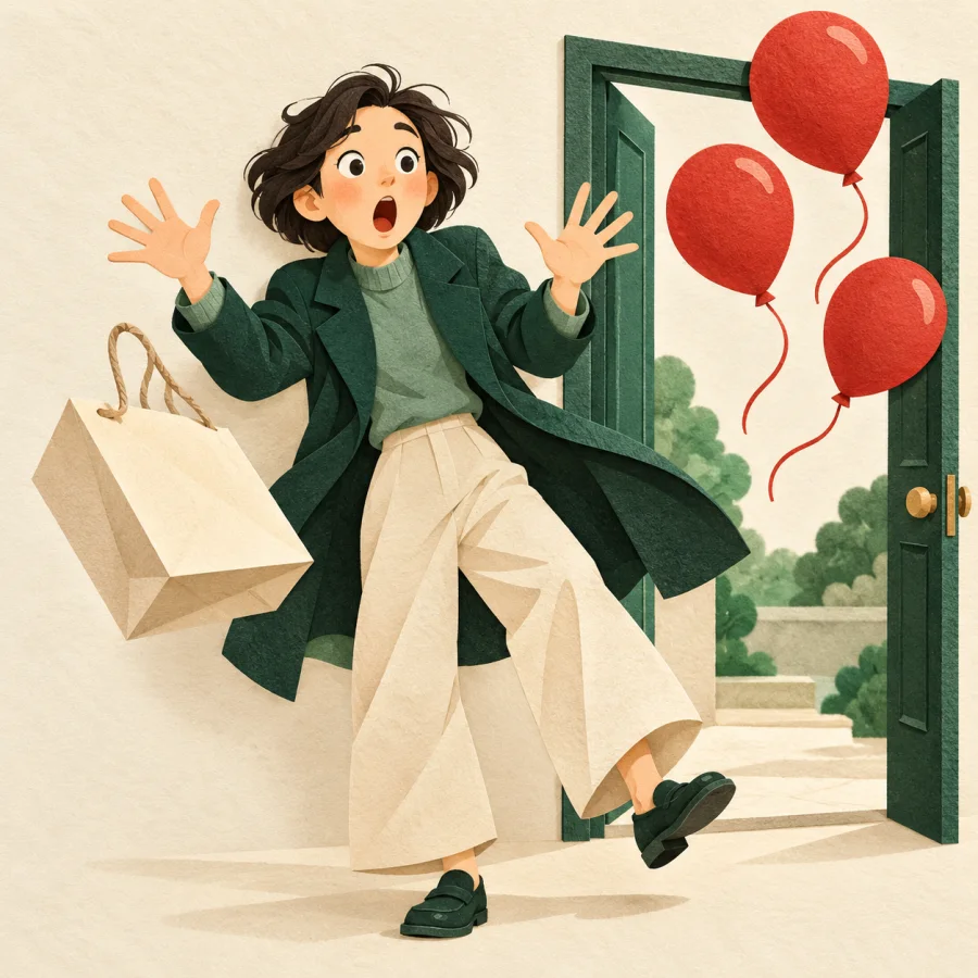 A stunned person as red balloons rise from a door