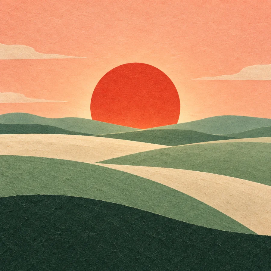 Wide rolling fields under a rising red sun