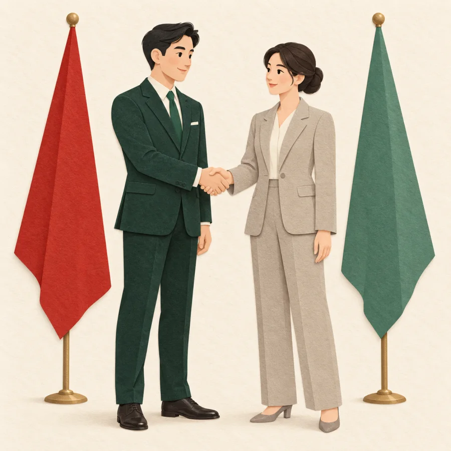 A person in a suit shakes hands between two flags