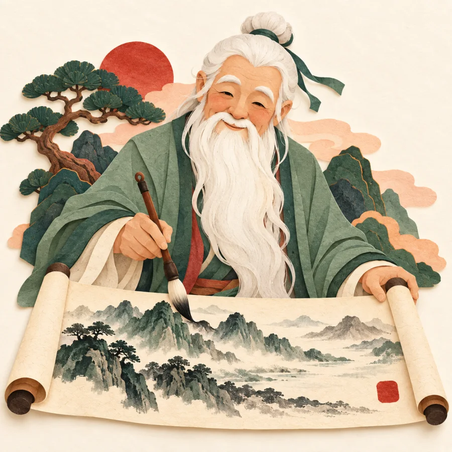A white-bearded elder paints mountains on a scroll