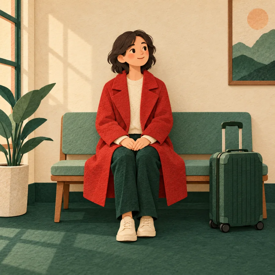 A person in a red coat sits in a waiting room with a suitcase