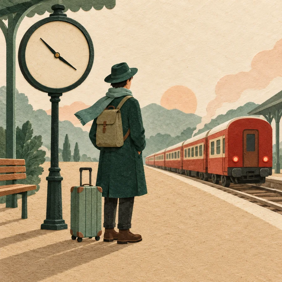 A traveler with a suitcase watches a train leave beside a big clock