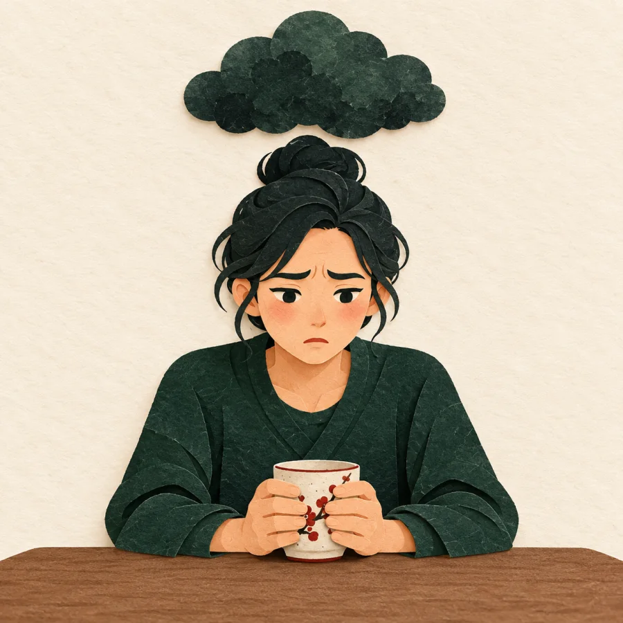 A frowning person sits at a table under a small dark cloud