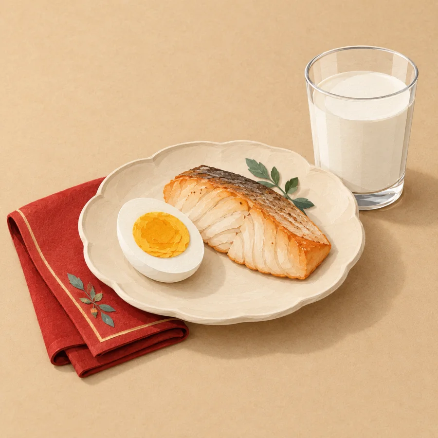 A plate with an egg, a piece of fish and a glass of milk