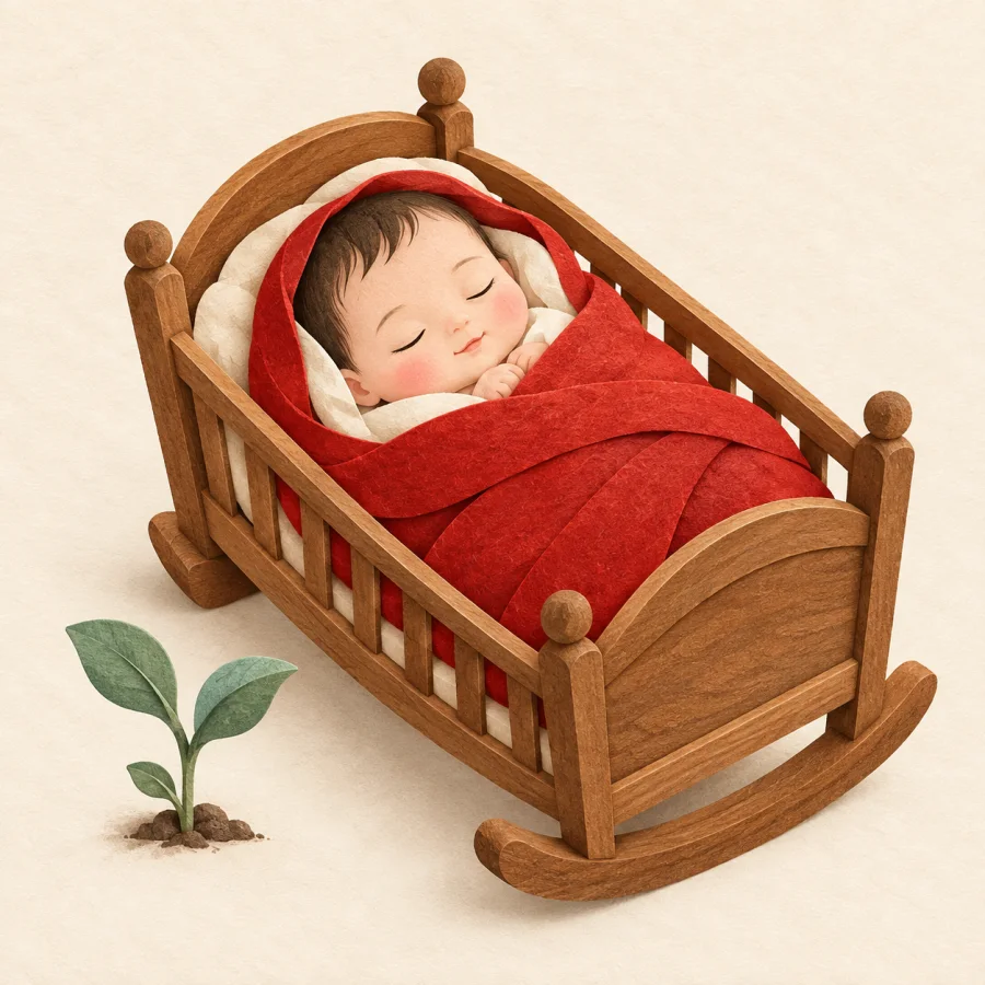 A newborn sleeps in a cradle under a red blanket