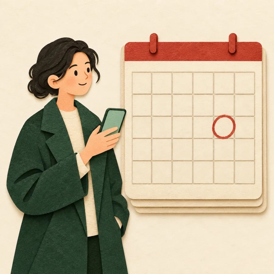 A person with a smartphone beside a calendar with one day circled