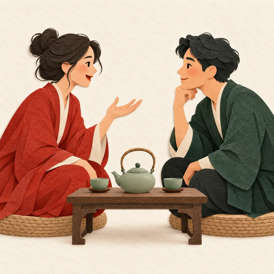 Two people sit facing each other at a small table talking