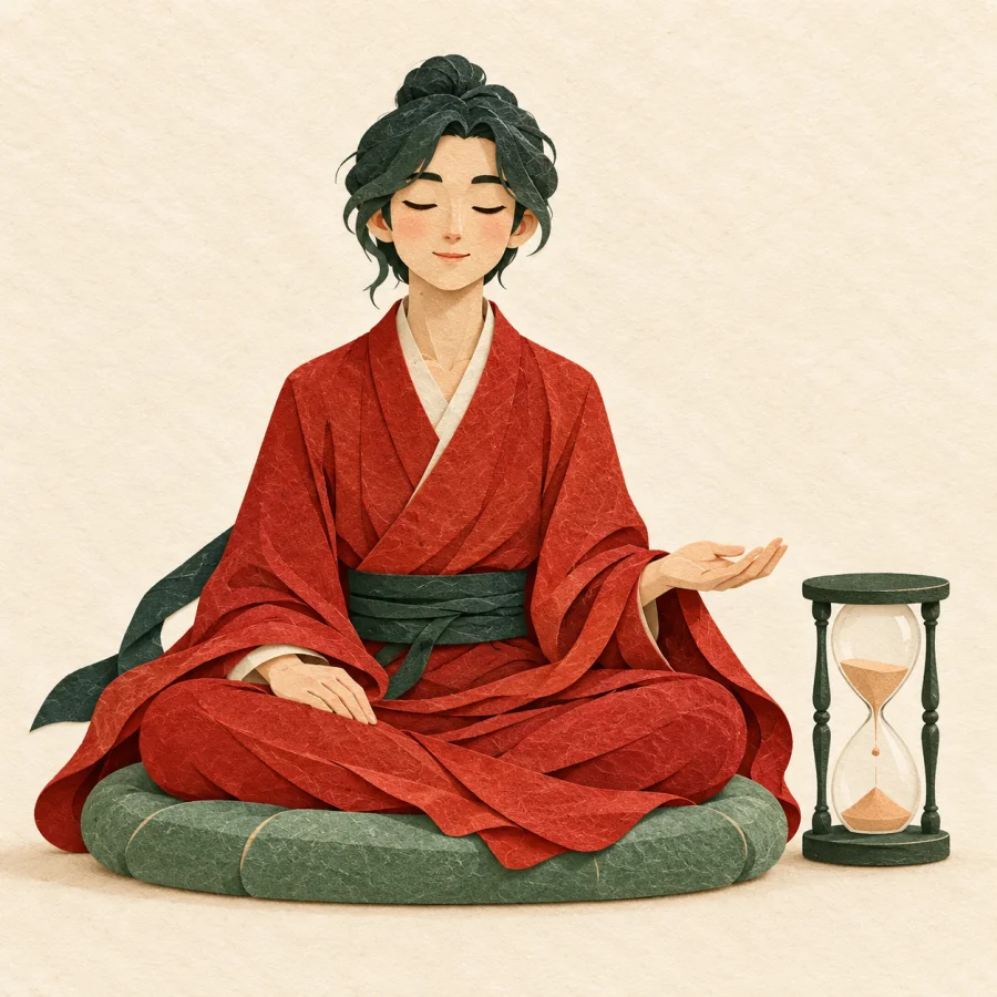 A person sits still beside an hourglass with one drop falling