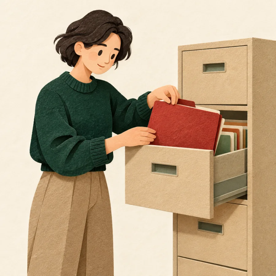 A person pulls a thick folder from a filing cabinet drawer