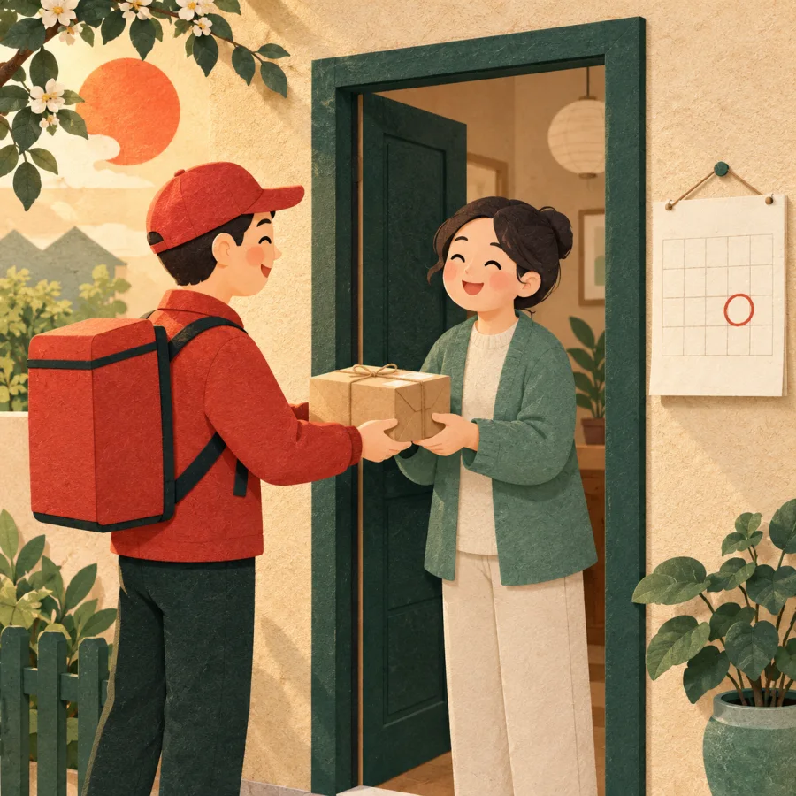 A courier hands a parcel to a smiling person at a door