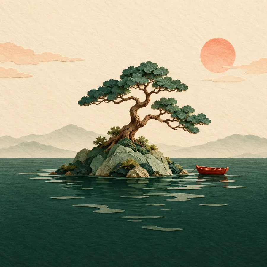 A small green island with one tree and a red boat