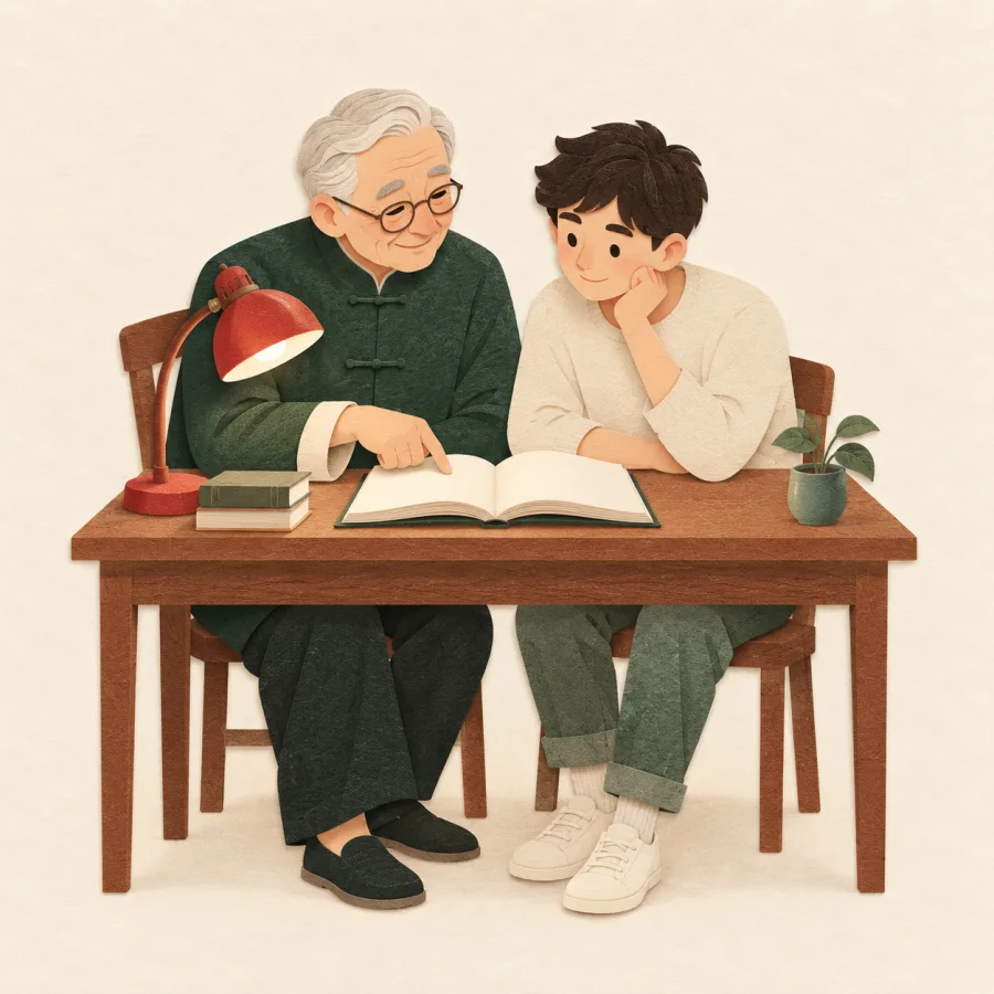 An older person points at a book beside a younger person