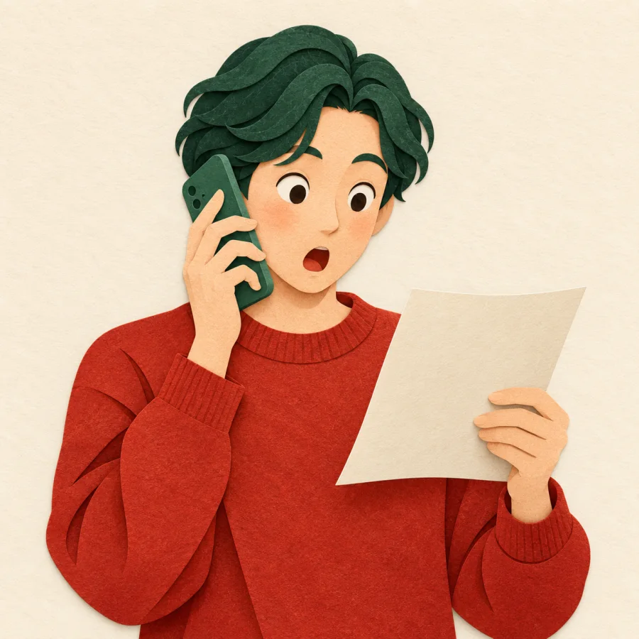 A surprised person reads a letter with a phone at the ear