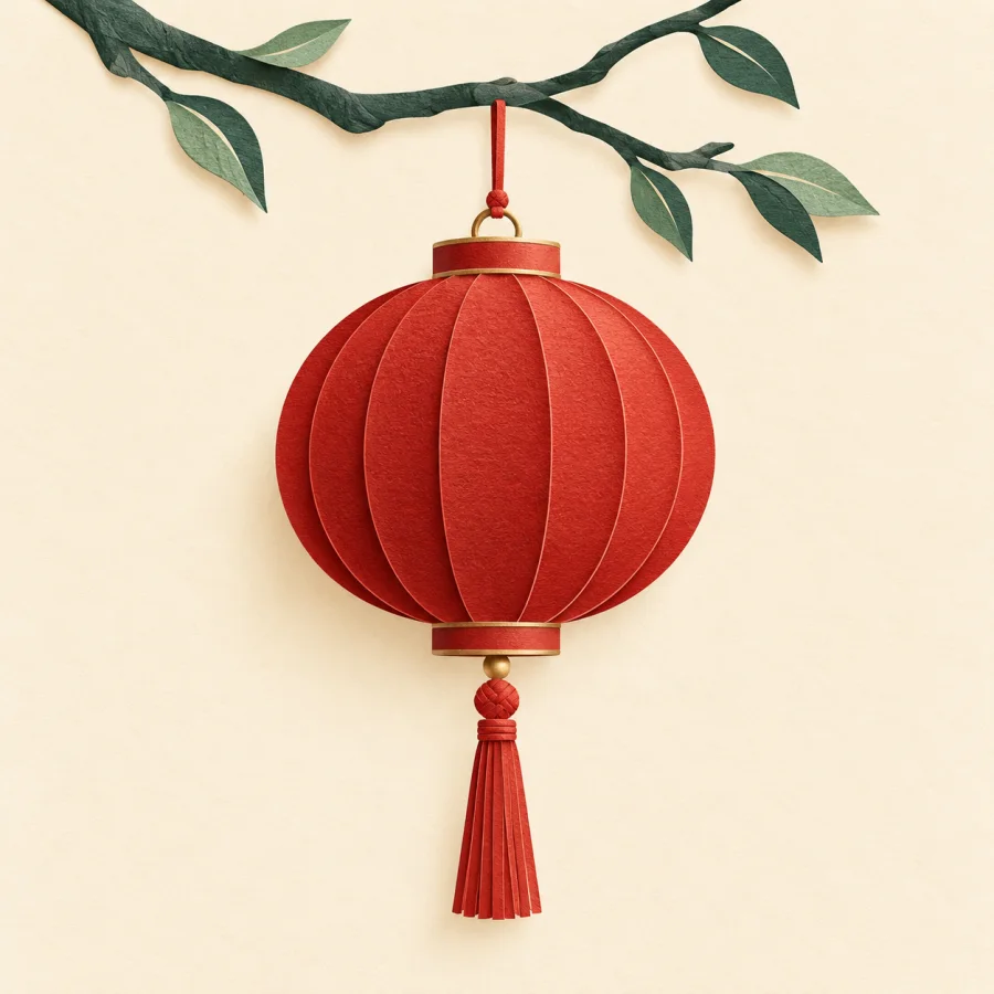 A round red paper lantern with a tassel hangs from a branch