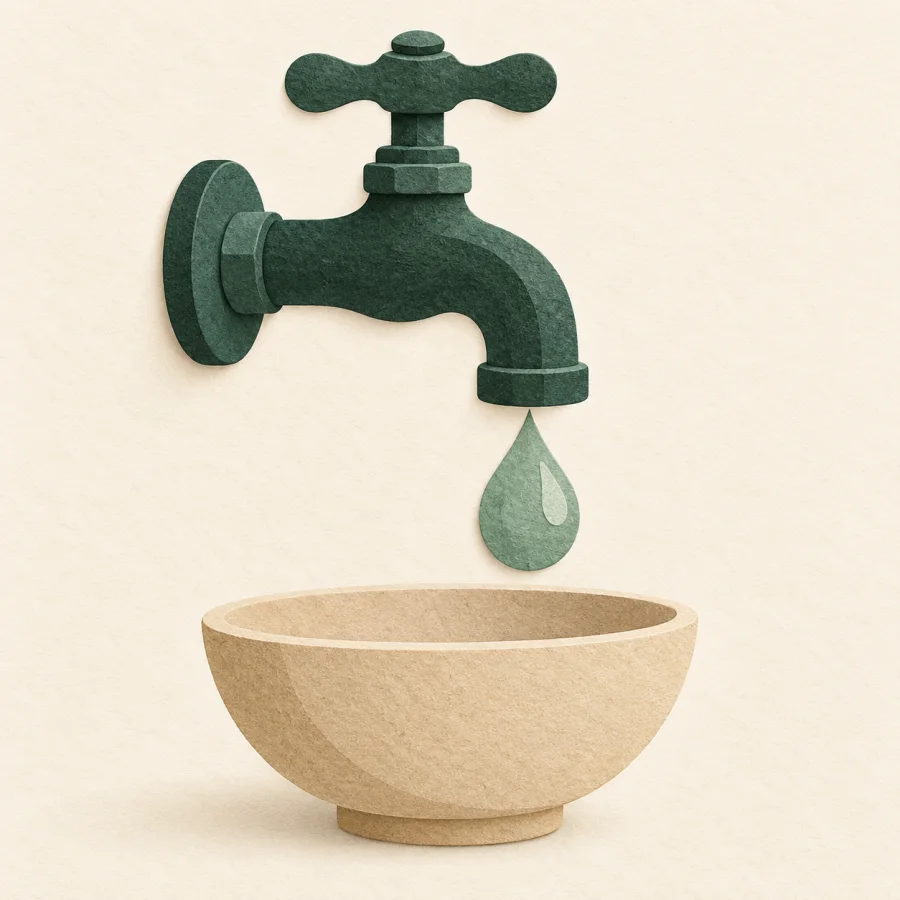 A big water drop falls from a tap into a bowl