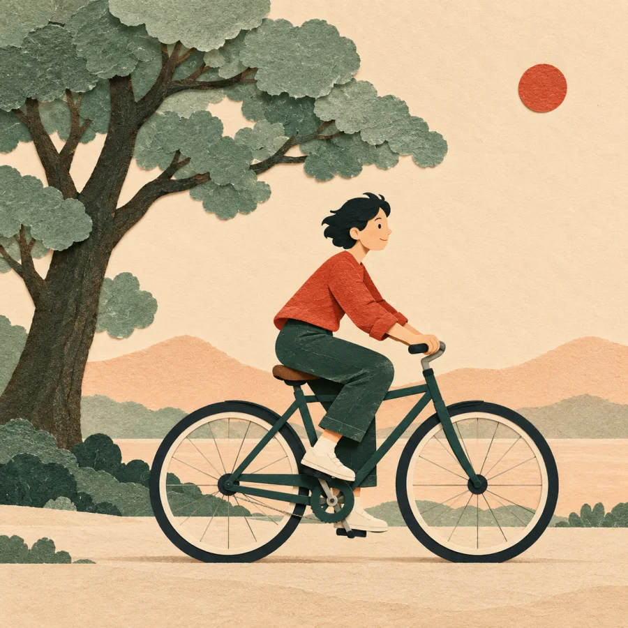 A person rides a bicycle past a large tree