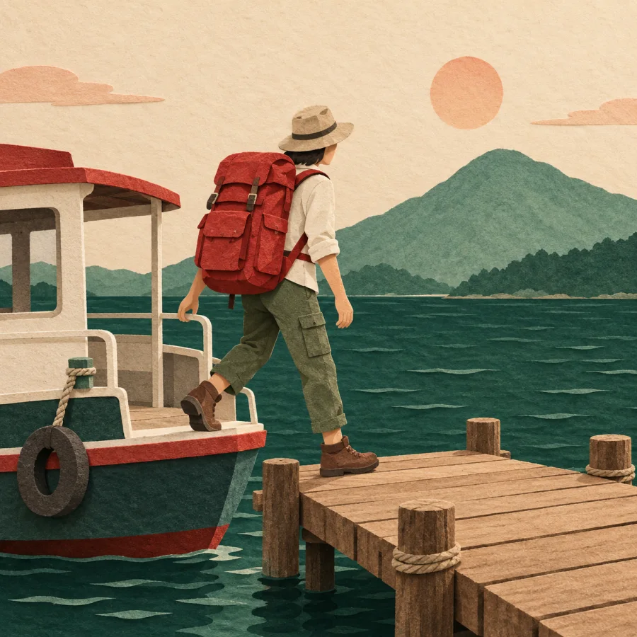 A traveler with a backpack steps onto a wooden pier