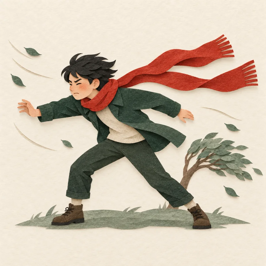 A person leans hard into a strong wind, scarf streaming