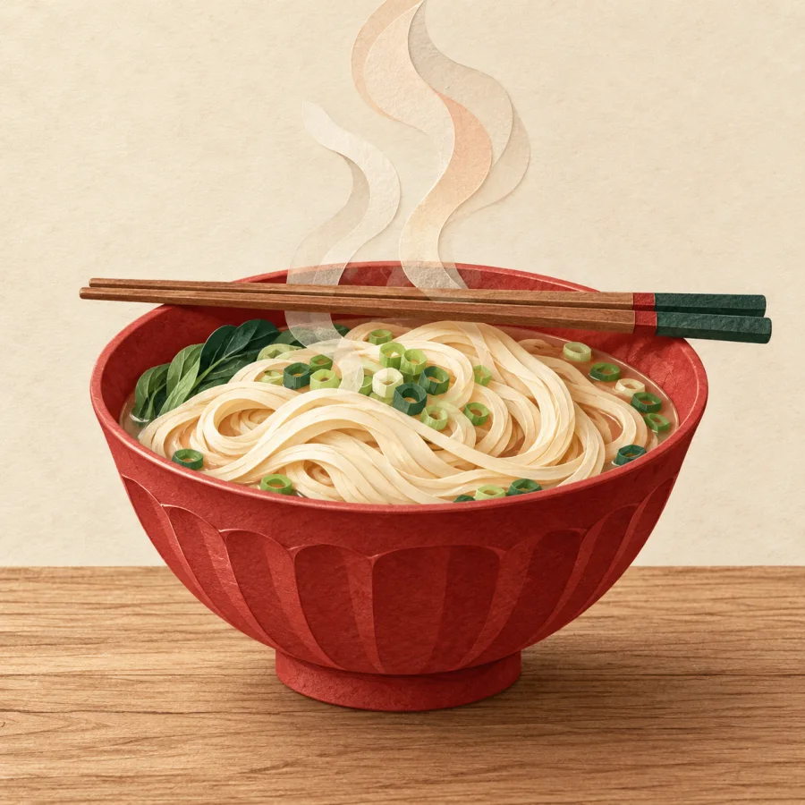 A steaming bowl of noodles with chopsticks on a table