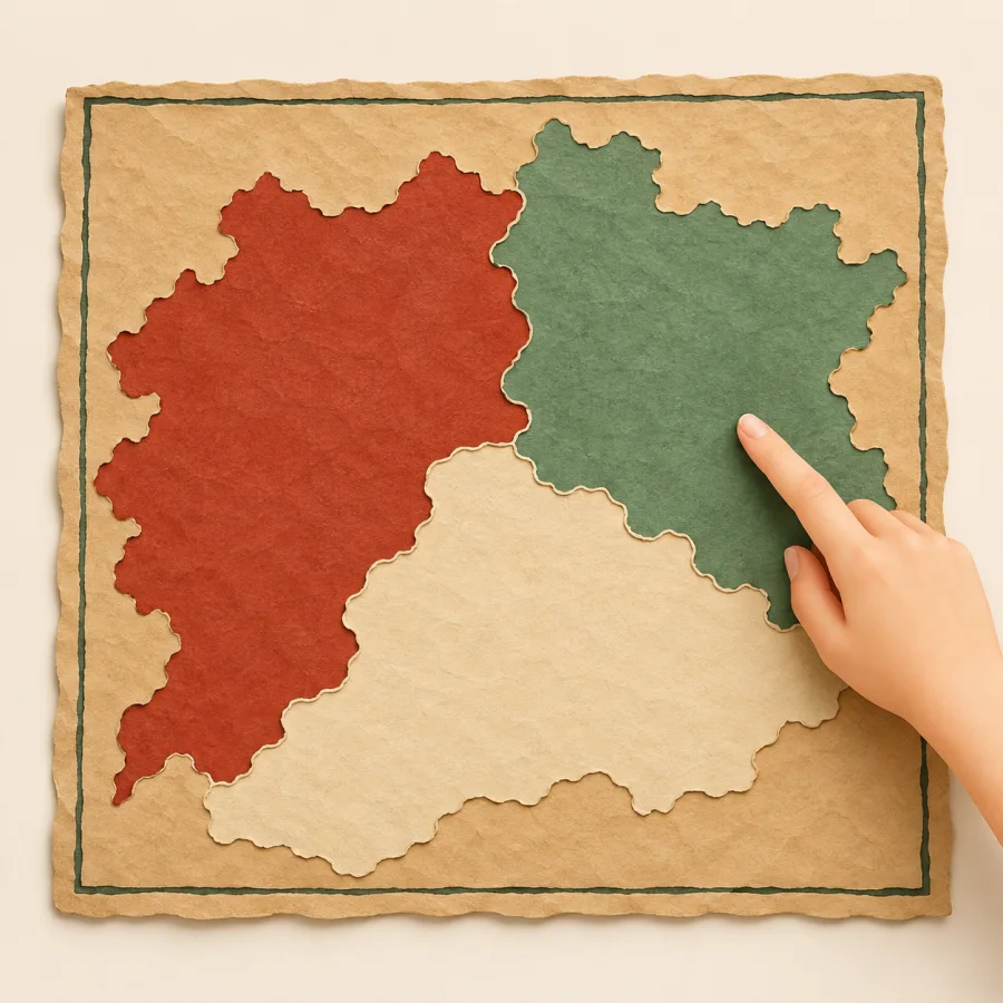 A map divided into colored areas with a hand pointing at one