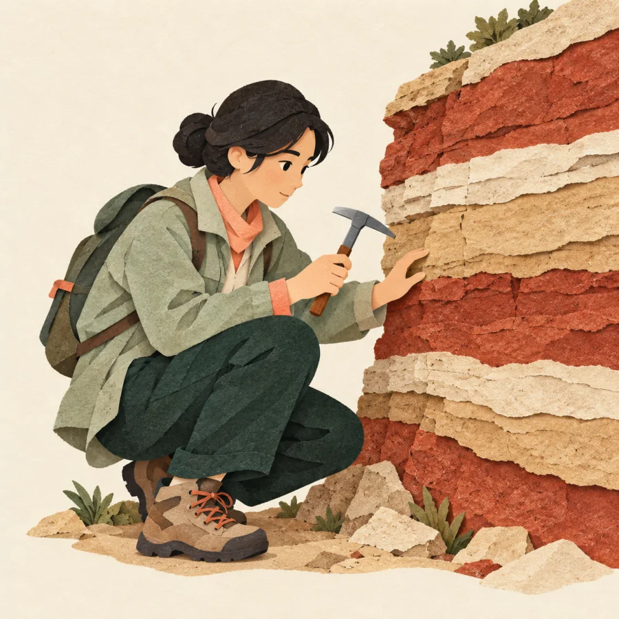 A person with a small hammer beside a cliff of rock layers