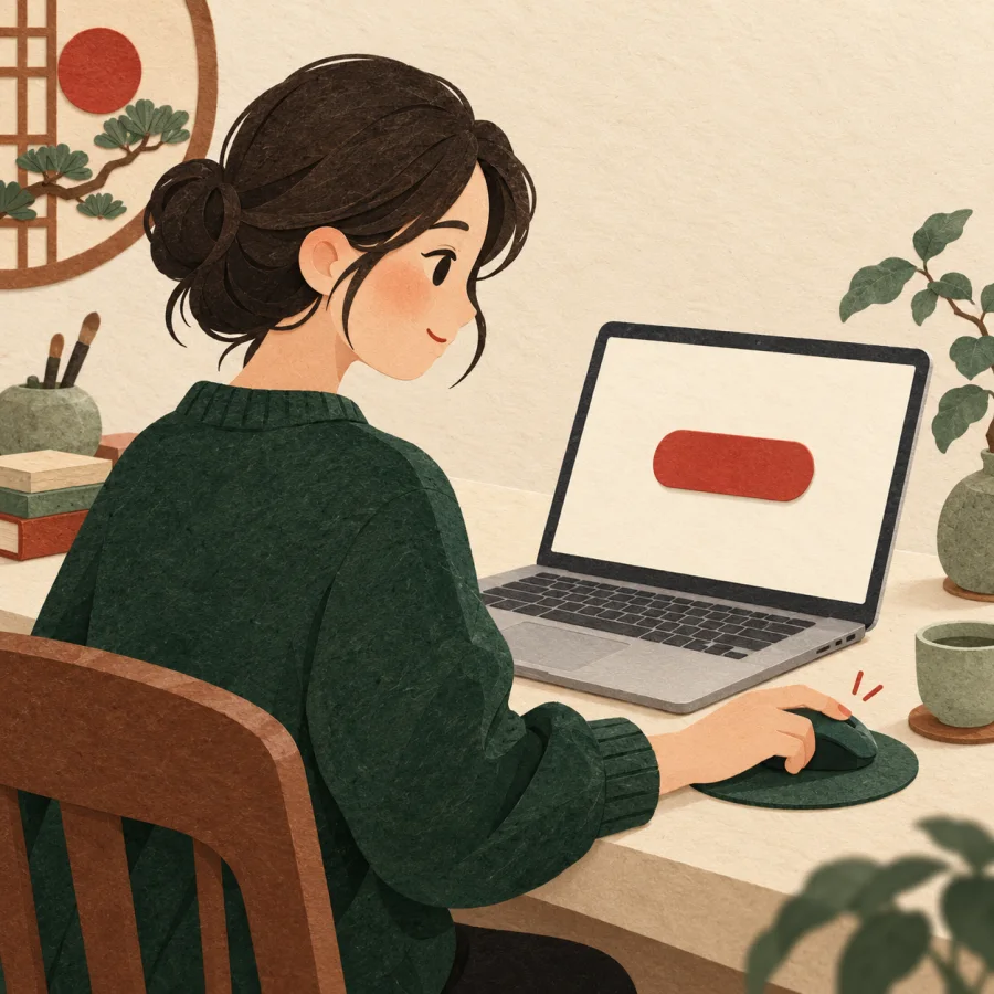 A person at a laptop clicks a mouse, a red button on screen