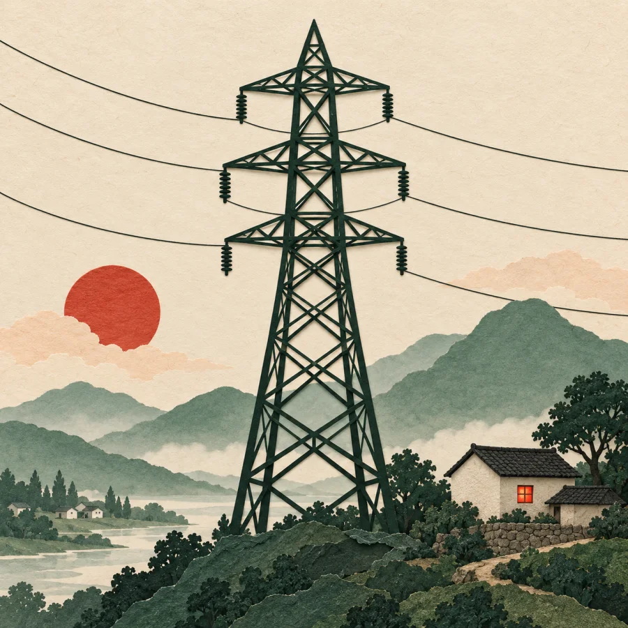 A power pylon beside a small house with a lit window