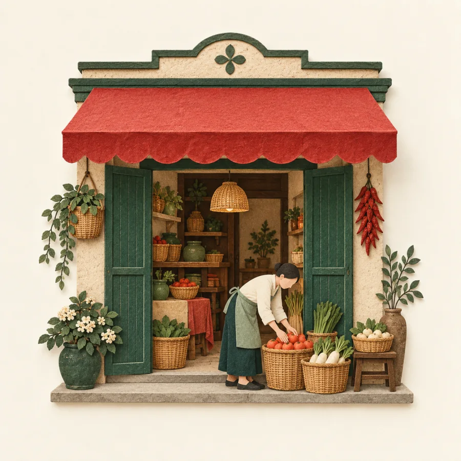 A small shop with a red awning and baskets at the door