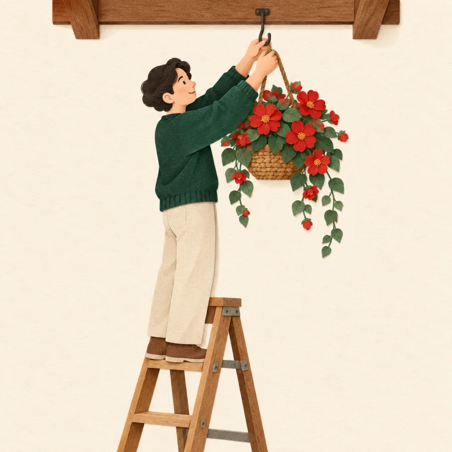 A person on a ladder hangs a flower basket from a hook