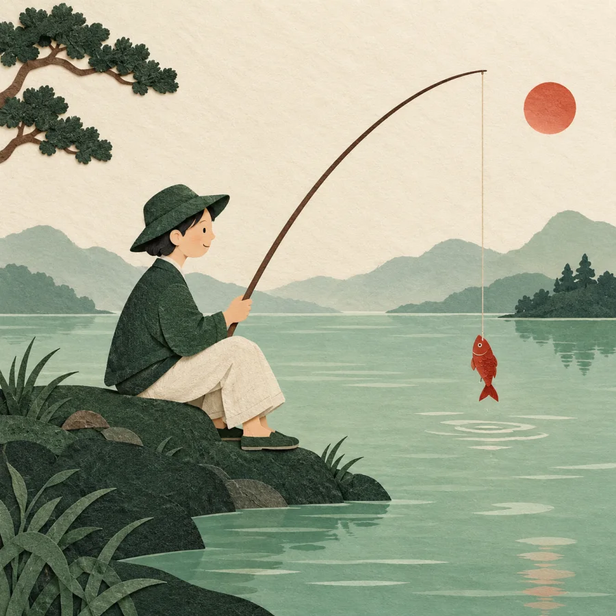 A person by a lake holds a fishing rod with a fish on the line